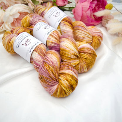 Apricot Roses on 8 Ply Superwash 100% Merino Yarn| 8 Ply Superwash Merino Yarn | Sally Ridgway | Shop Wool, Felt and Fibre Online