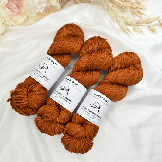 Burnt Copper on 8 Ply Superwash 100% Merino Yarn| 8 Ply Superwash Merino Yarn | Sally Ridgway | Shop Wool, Felt and Fibre Online