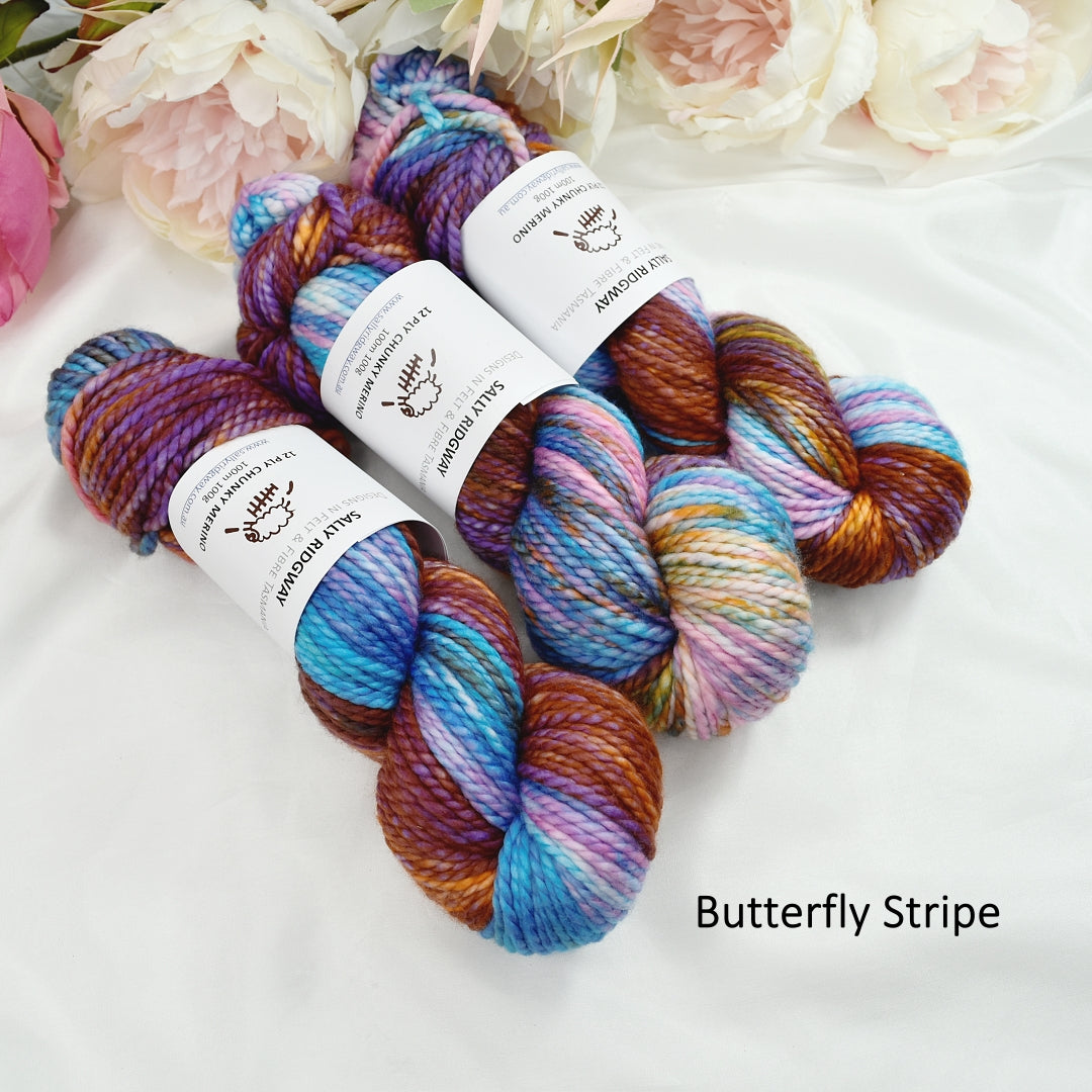 Butterfly Stripe on 12 ply Chunky Merino-Chunky Yarn-1-Sally Ridgway Designs in Felt &amp; Fibre
