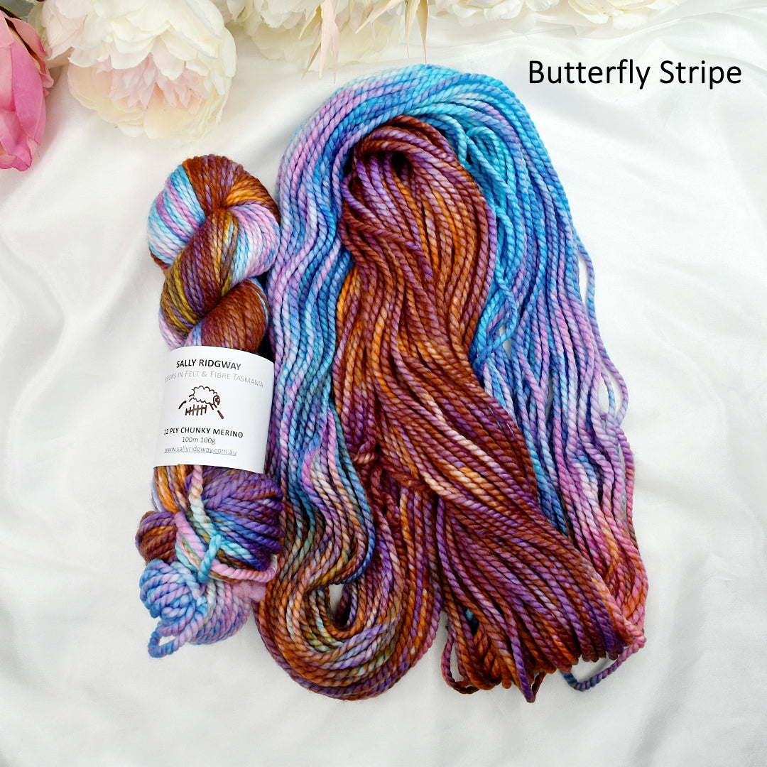Butterfly Stripe on 12 ply Chunky Merino-Chunky Yarn-2-Sally Ridgway Designs in Felt &amp; Fibre