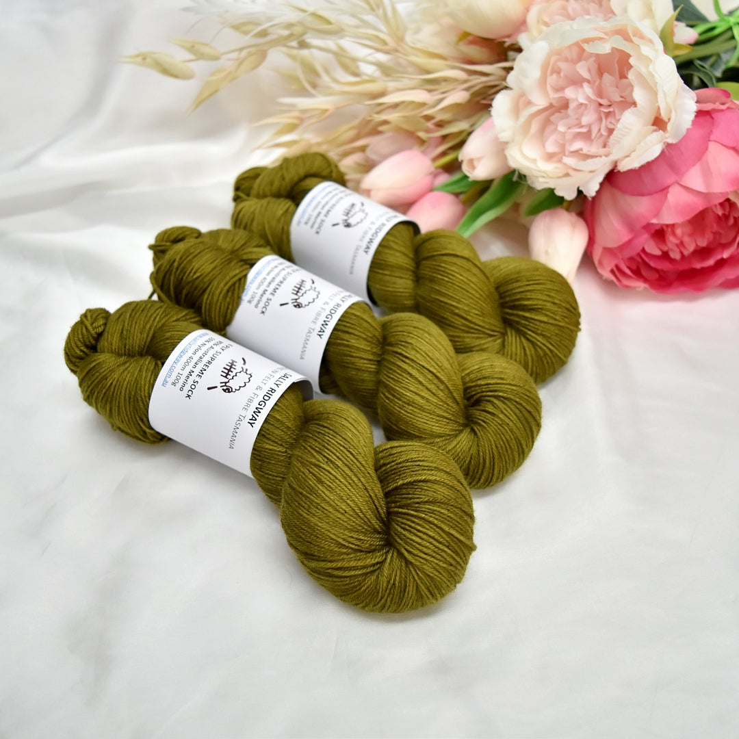 4 ply Supreme Sock Yarn Hand Dyed Dark Olive| Sock Yarn | Sally Ridgway | Shop Wool, Felt and Fibre Online