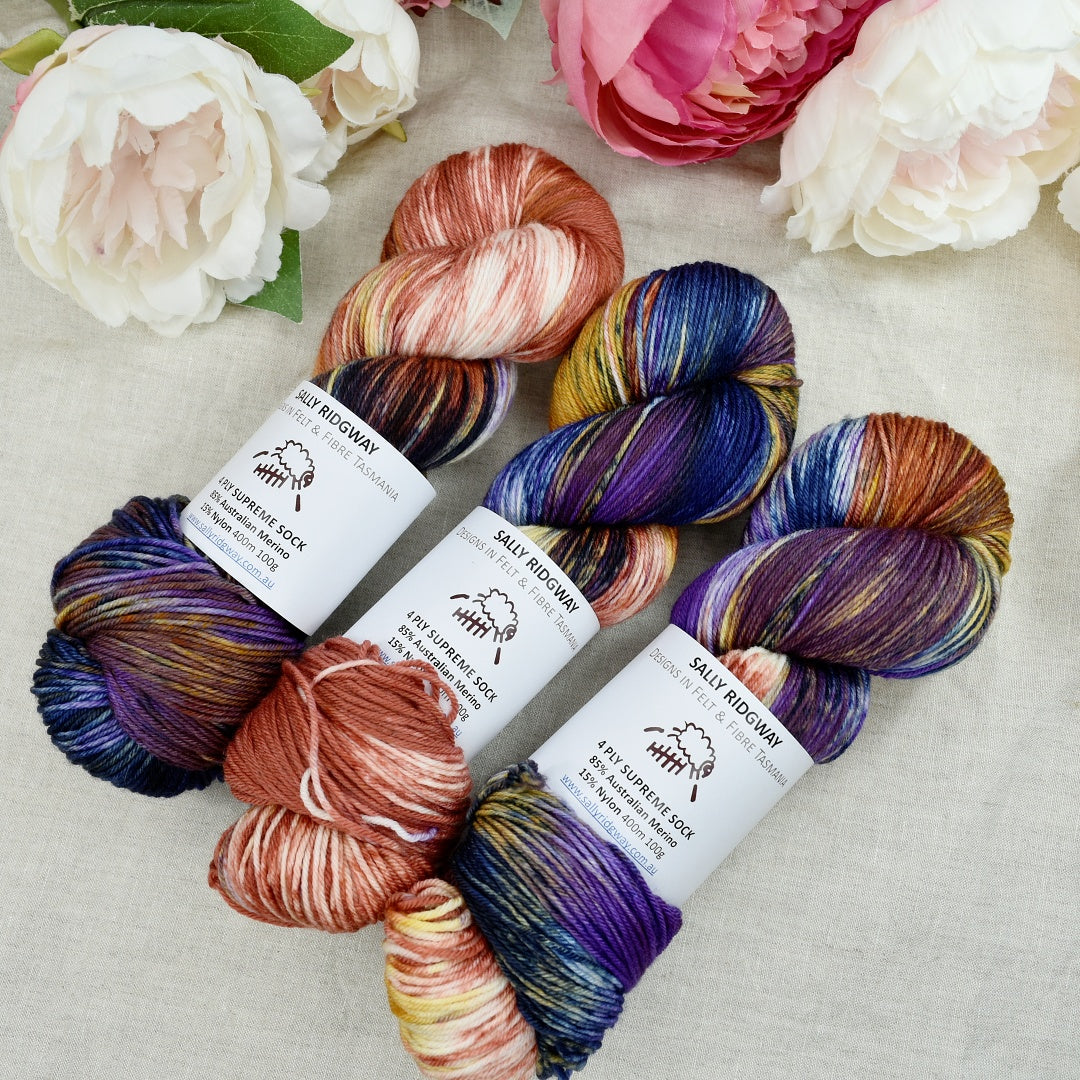 Stained Glass 4 ply Supreme Sock Yarn Hand Dyed| Sock Yarn | Sally Ridgway | Shop Wool, Felt and Fibre Online