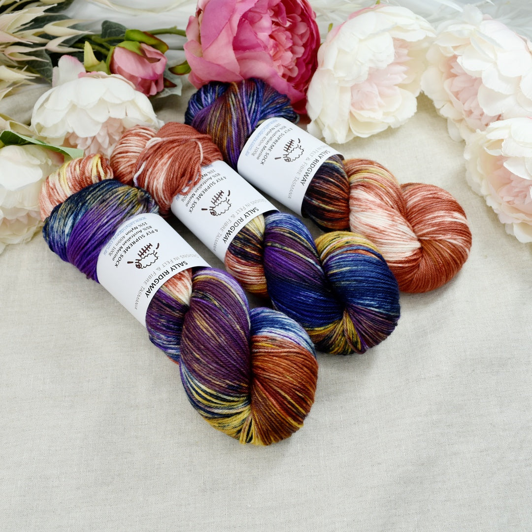 Stained Glass 4 ply Supreme Sock Yarn Hand Dyed| Sock Yarn | Sally Ridgway | Shop Wool, Felt and Fibre Online