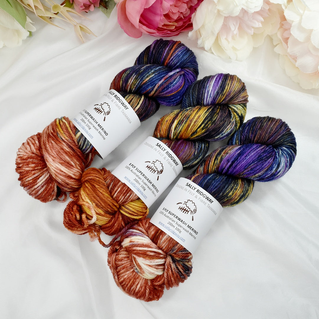 Stained Glass on 8 Ply Superwash 100% Merino Yarn| 8 Ply Superwash Merino Yarn | Sally Ridgway | Shop Wool, Felt and Fibre Online