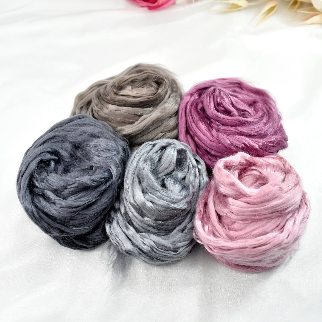 Hand Dyed Mulberry Silk Mixed Bags 50 grams-Silk Roving/Sliver-1-Pink & Grey-Sally Ridgway Designs in Felt &amp; Fibre