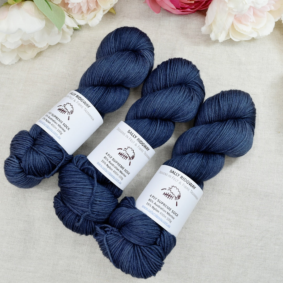 4 ply Supreme Sock Yarn Hand Dyed Dark Denim 13173| Sock Yarn | Sally Ridgway | Shop Wool, Felt and Fibre Online