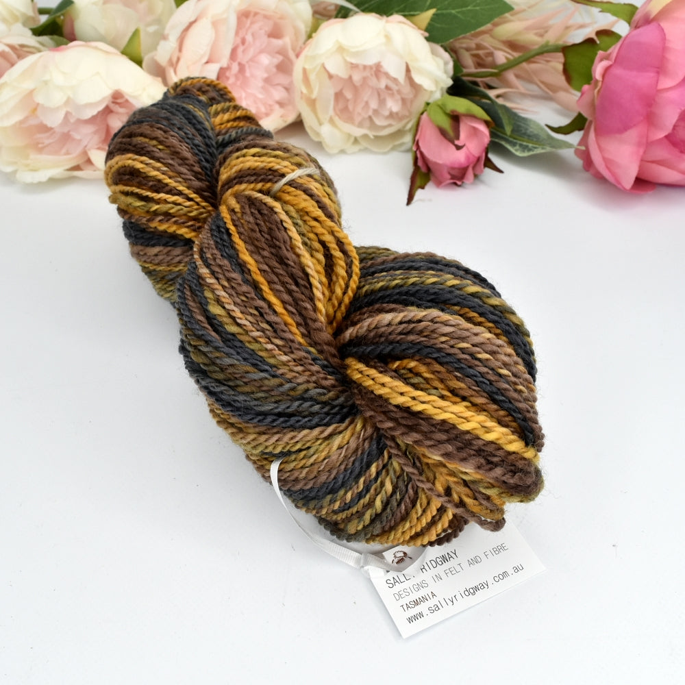 Hand Spun Australian Corriedale Yarn Hand Dyed Burnt Caramel| Hand Spun Yarn | Sally Ridgway | Shop Wool, Felt and Fibre Online
