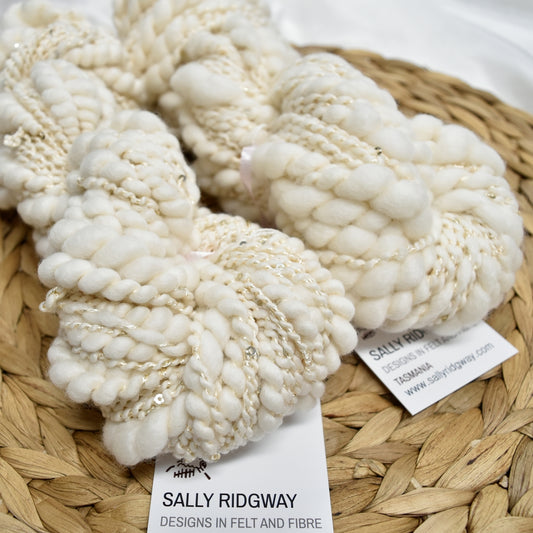 Hand Spun Thick & Thin Yarn with Sequins Natural White 11651| Hand Spun Yarn | Sally Ridgway | Shop Wool, Felt and Fibre Online