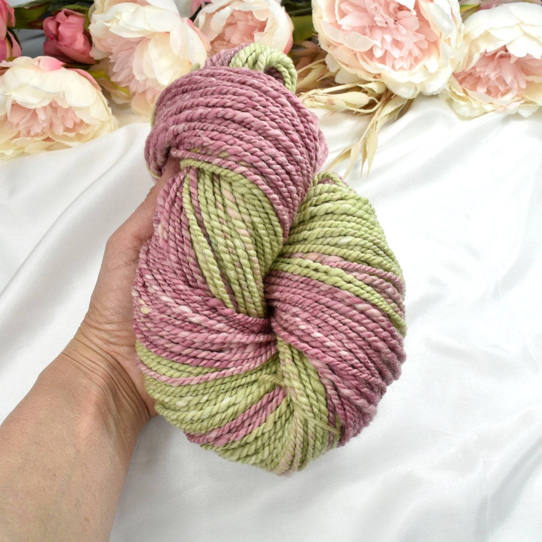 Hand Spun Tasmanian Merino Wool Chunky Yarn in Pink & Green-Hand Spun Yarn-6-110 mt / 175 g-Sally Ridgway Designs in Felt &amp; Fibre