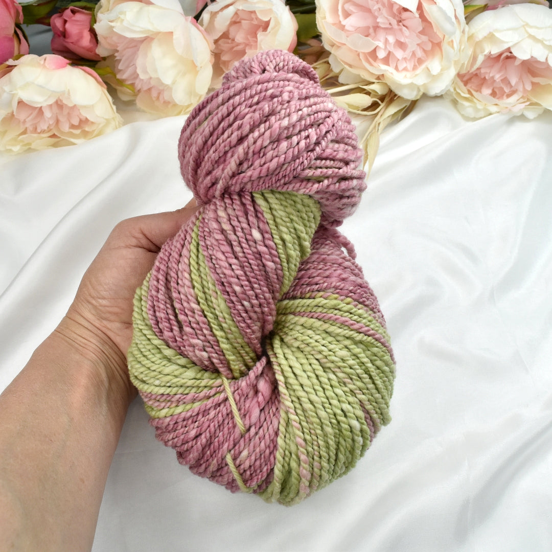 Hand Spun Tasmanian Merino Wool Chunky Yarn in Pink & Green-Hand Spun Yarn-2-110 mt / 175 g-Sally Ridgway Designs in Felt &amp; Fibre