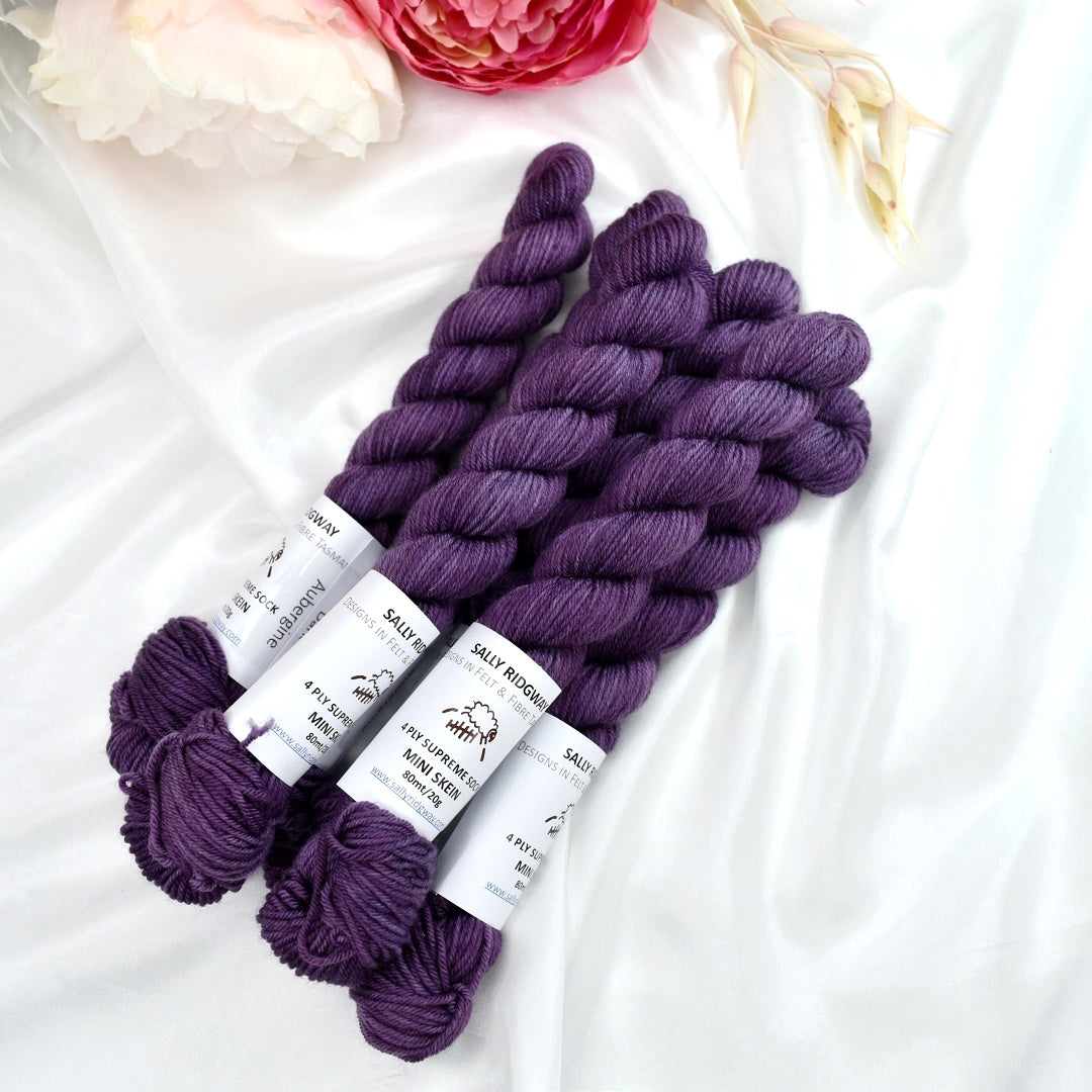 Mini Skeins 4 Ply Supreme Sock Yarn Dark Aubergine-4 Ply Mini Skein-1-Sally Ridgway Designs in Felt &amp; Fibre