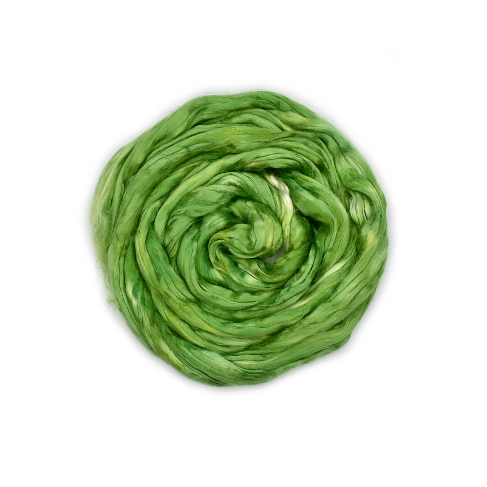 Mulberry Silk Roving Hand Dyed in Pear Green| Silk Roving/Sliver | Sally Ridgway | Shop Wool, Felt and Fibre Online