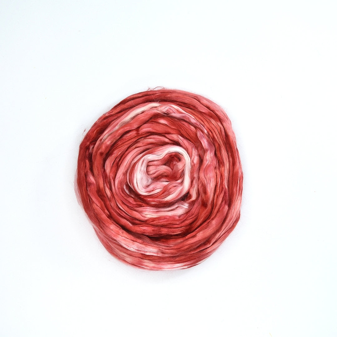 Mulberry Silk Roving Hand Dyed in Red Delicious| Silk Roving/Sliver | Sally Ridgway | Shop Wool, Felt and Fibre Online