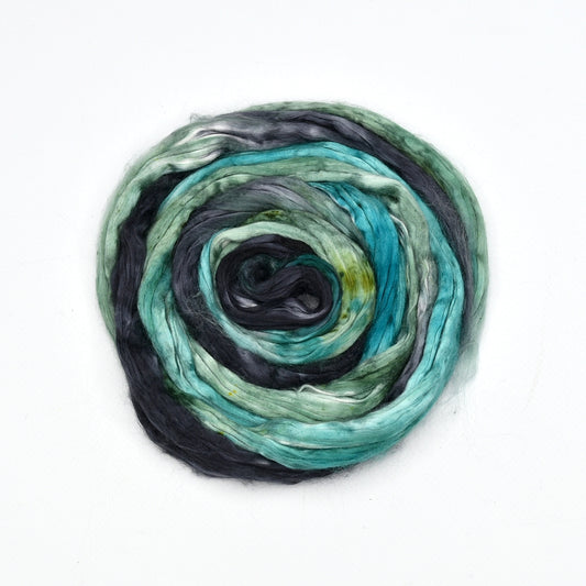 Mulberry Silk Roving Hand Dyed in Scorched Teal| Silk Roving/Sliver | Sally Ridgway | Shop Wool, Felt and Fibre Online