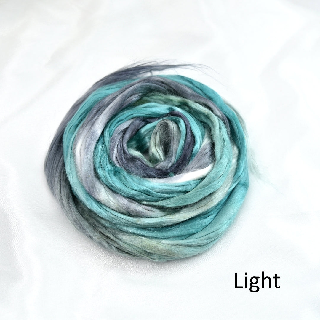 Mulberry Silk Roving Hand Dyed in Scorched Teal| Silk Roving/Sliver | Sally Ridgway | Shop Wool, Felt and Fibre Online