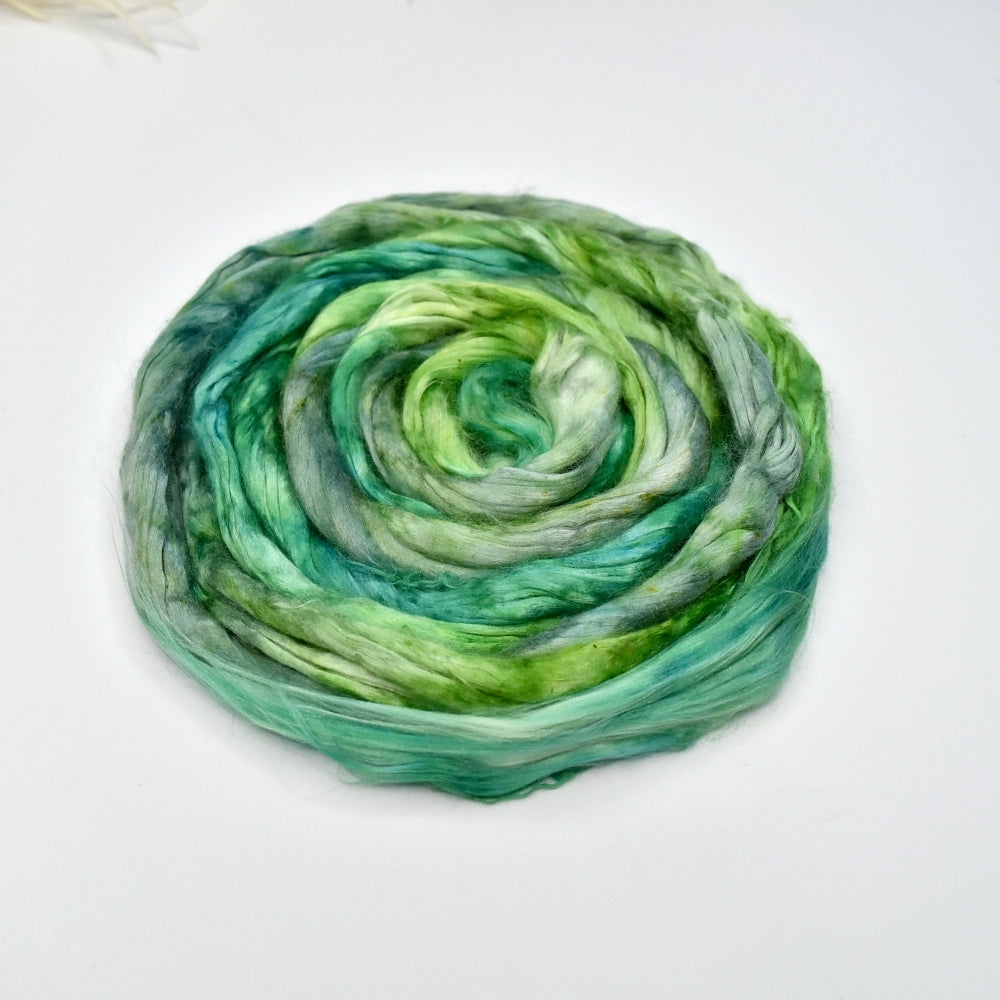 Mulberry Silk Roving Hand Dyed in Shamrock| Silk Roving/Sliver | Sally Ridgway | Shop Wool, Felt and Fibre Online