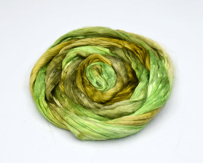 Mulberry Silk Roving Hand Dyed Moss Olive Green| Silk Roving/Sliver | Sally Ridgway | Shop Wool, Felt and Fibre Online