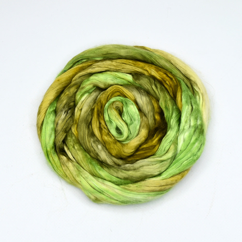 Mulberry Silk Roving Hand Dyed Moss Olive Green| Silk Roving/Sliver | Sally Ridgway | Shop Wool, Felt and Fibre Online