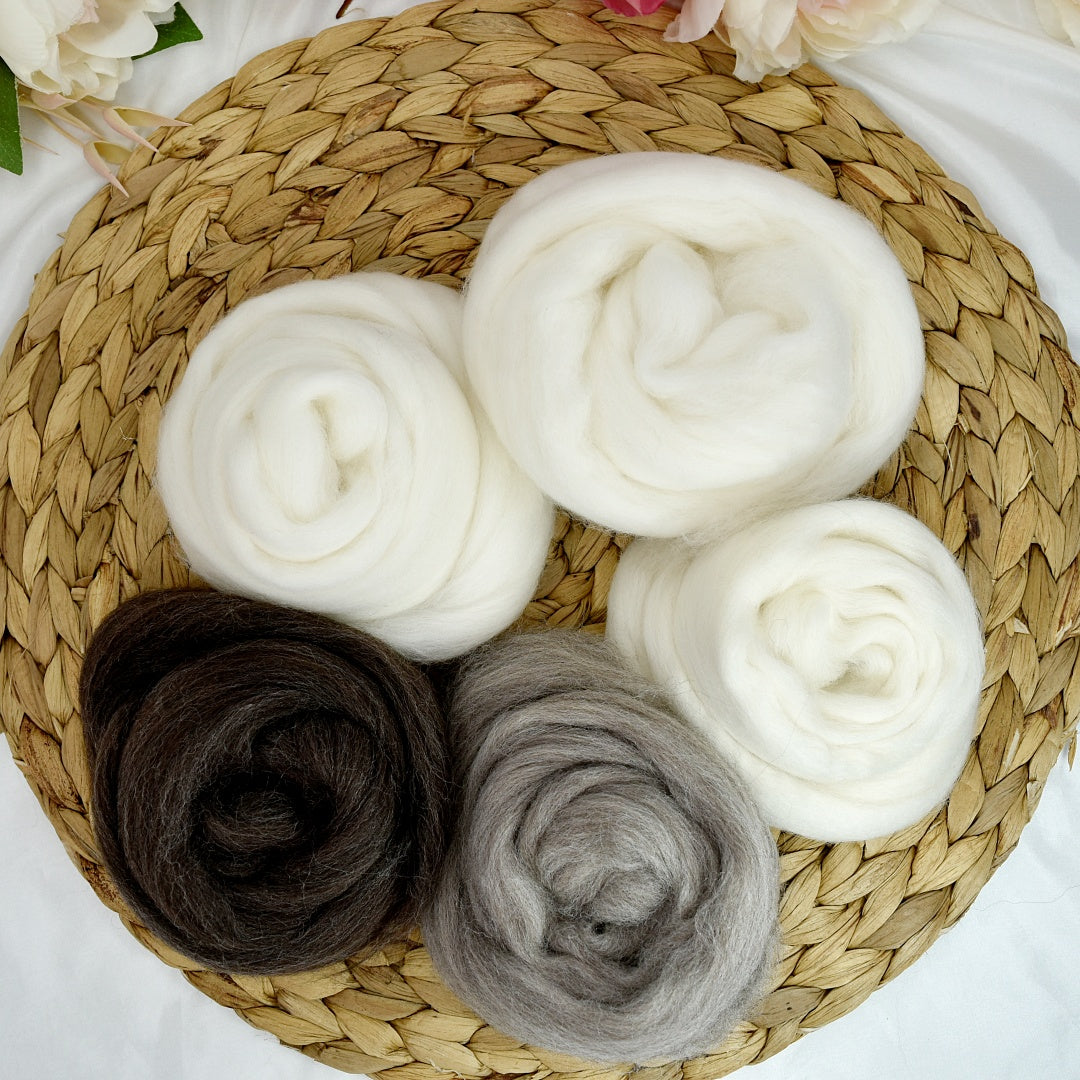 Undyed Natural Sample Packs 250g| Undyed Wool Roving Top | Sally Ridgway | Shop Wool, Felt and Fibre Online