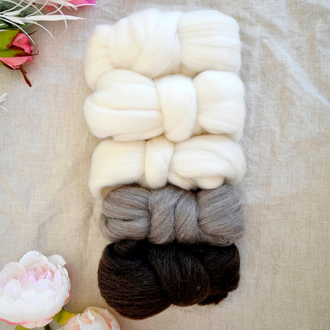 Undyed Natural Sample Packs 250g| Undyed Wool Roving Top | Sally Ridgway | Shop Wool, Felt and Fibre Online