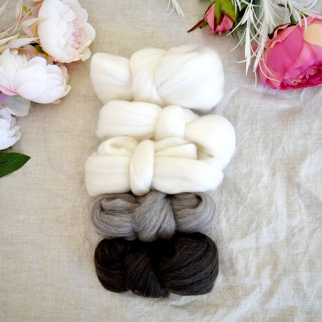 Undyed Natural Sample Packs 250g| Undyed Wool Roving Top | Sally Ridgway | Shop Wool, Felt and Fibre Online