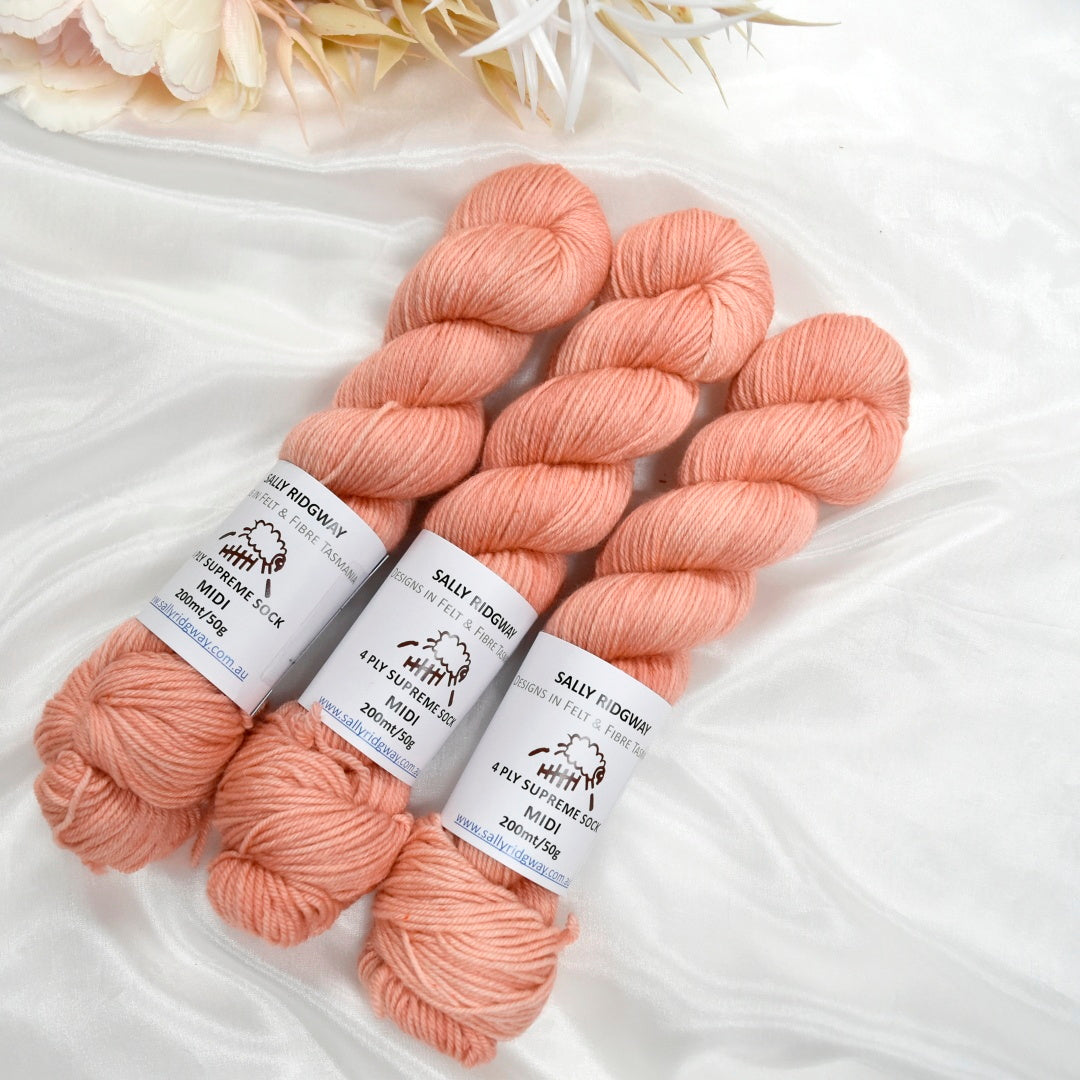 Apricot Kiss 50g 4 Ply Supreme Sock Midi Half Skein| 4 Ply Midi Skeins | Sally Ridgway | Shop Wool, Felt and Fibre Online