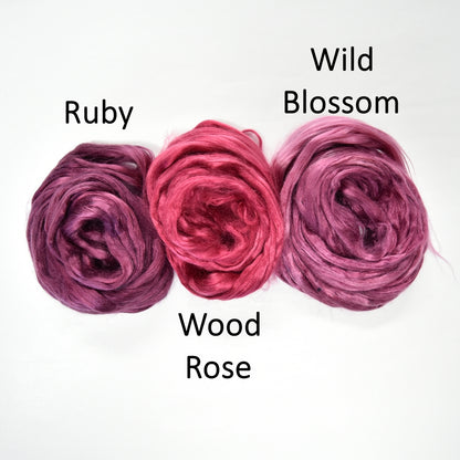Mulberry Silk Roving Hand Dyed in Wood Rose
