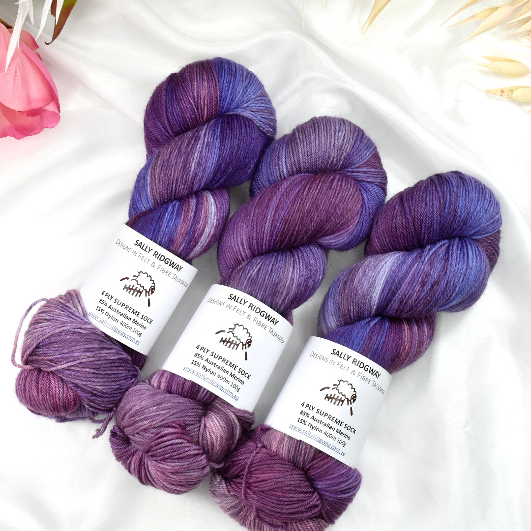 Ruby Blues 4 ply Supreme Sock Yarn Hand Dyed| Sock Yarn | Sally Ridgway | Shop Wool, Felt and Fibre Online