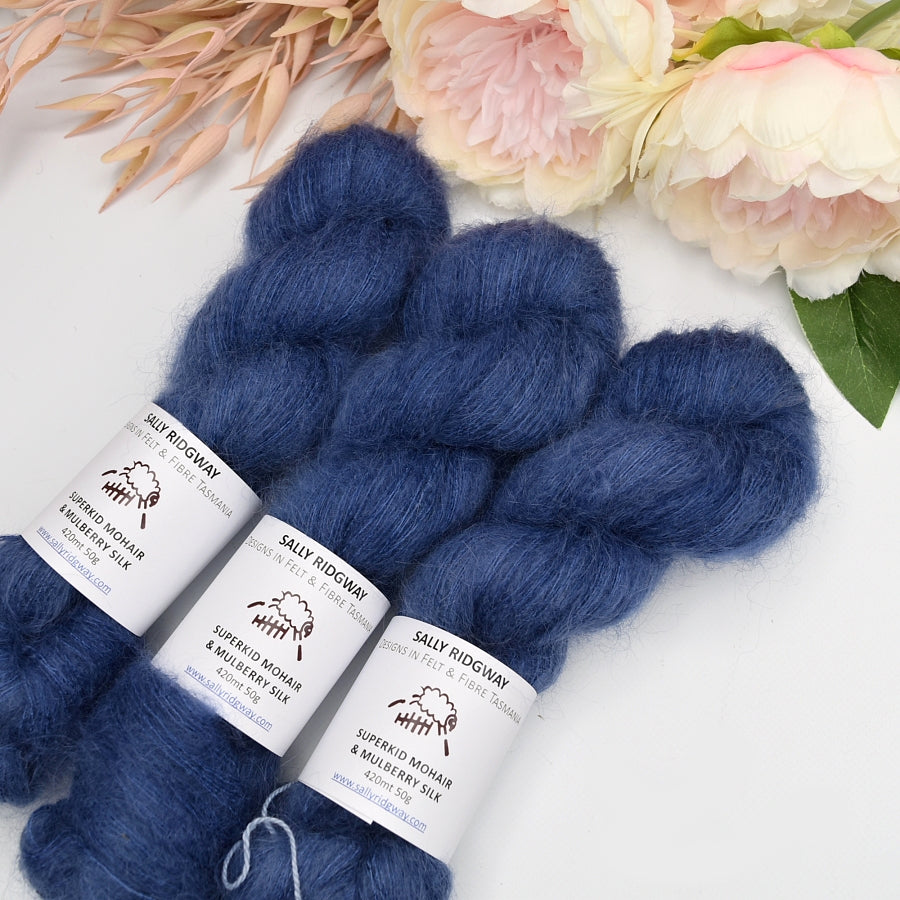 Superkid Mohair & Silk Hand Dyed Blue Denim| Mohair Silk | Sally Ridgway | Shop Wool, Felt and Fibre Online