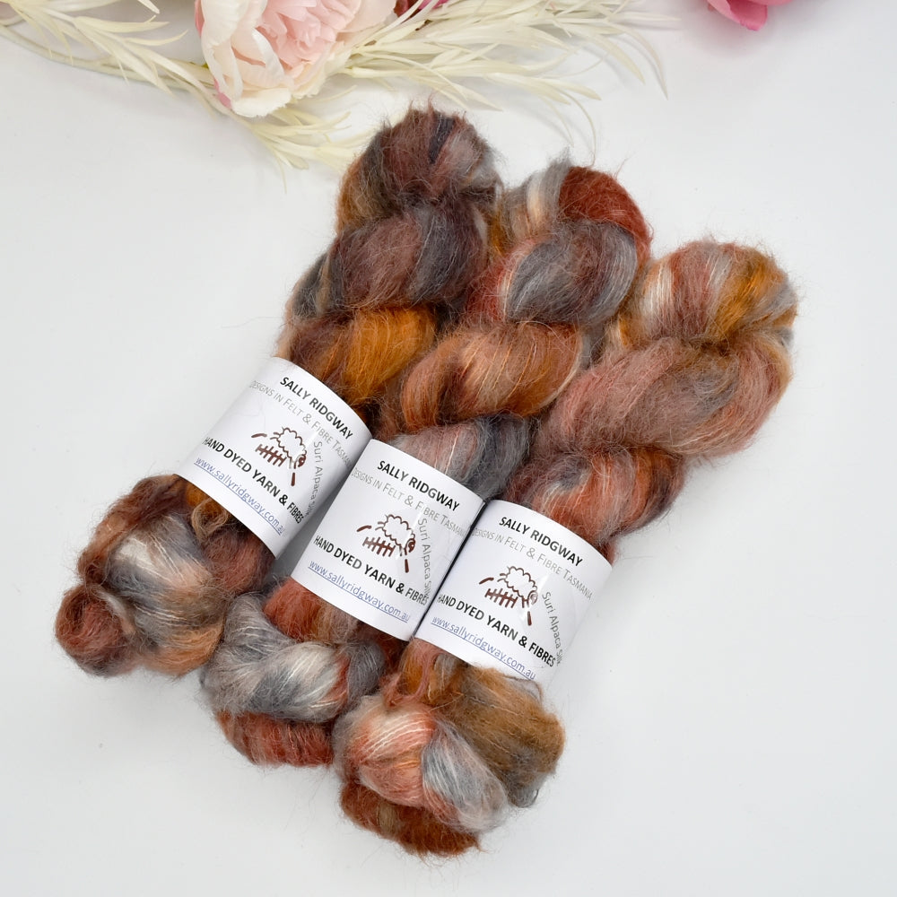 Suri Alpaca Silk Lace Hand Dyed Orange Chocolate| Suri Silk Lace | Sally Ridgway | Shop Wool, Felt and Fibre Online