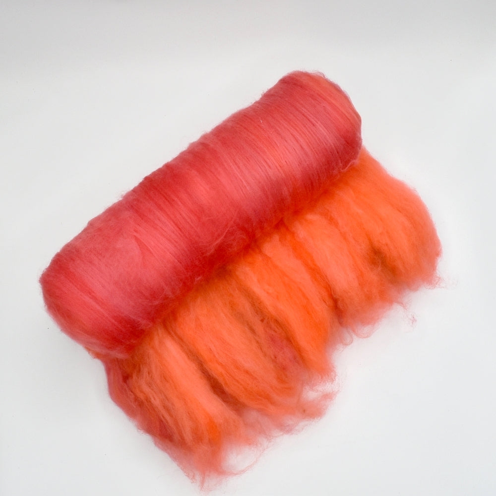 Tasmanian Merino Wool Carded Batts Hand Dyed Variegated Red Orange| Merino Wool Batts | Sally Ridgway | Shop Wool, Felt and Fibre Online