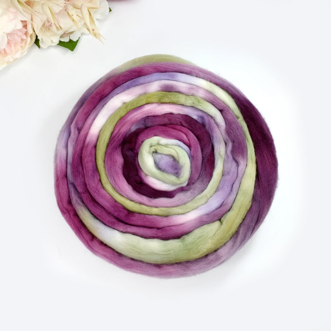 Tasmanian Merino Wool Combed Top Hand Dyed Pansy Posy-Merino wool tops-1-100 grams-Sally Ridgway Designs in Felt &amp; Fibre