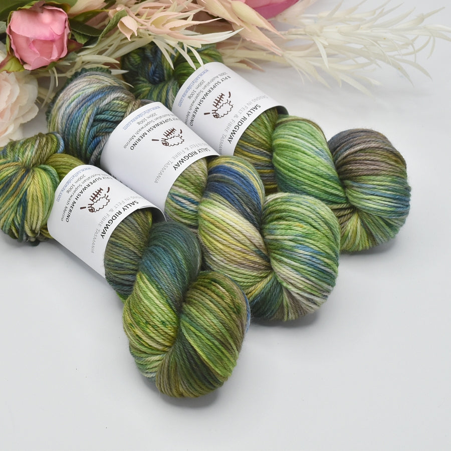 3 skeins of green variegated hand dyed knitting yarn in 8 ply Shop yarn and Fibre Online