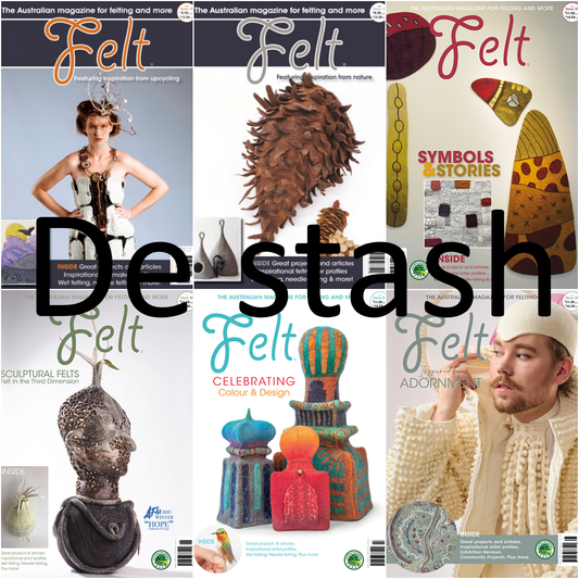 A collage of six Felt magazine covers arranged in a 3x2 grid, with a large semi-transparent 'De stash' watermark across the center. The covers feature various colorful handcrafted felt sculptures, models, and editorial text.