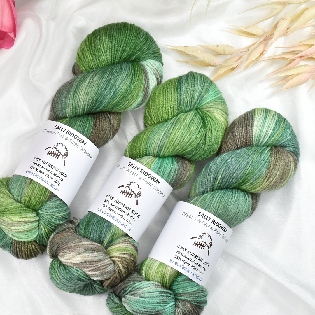 Veggie Patch 4 ply Supreme Sock Yarn Hand Dyed| Sock Yarn | Sally Ridgway | Shop Wool, Felt and Fibre Online