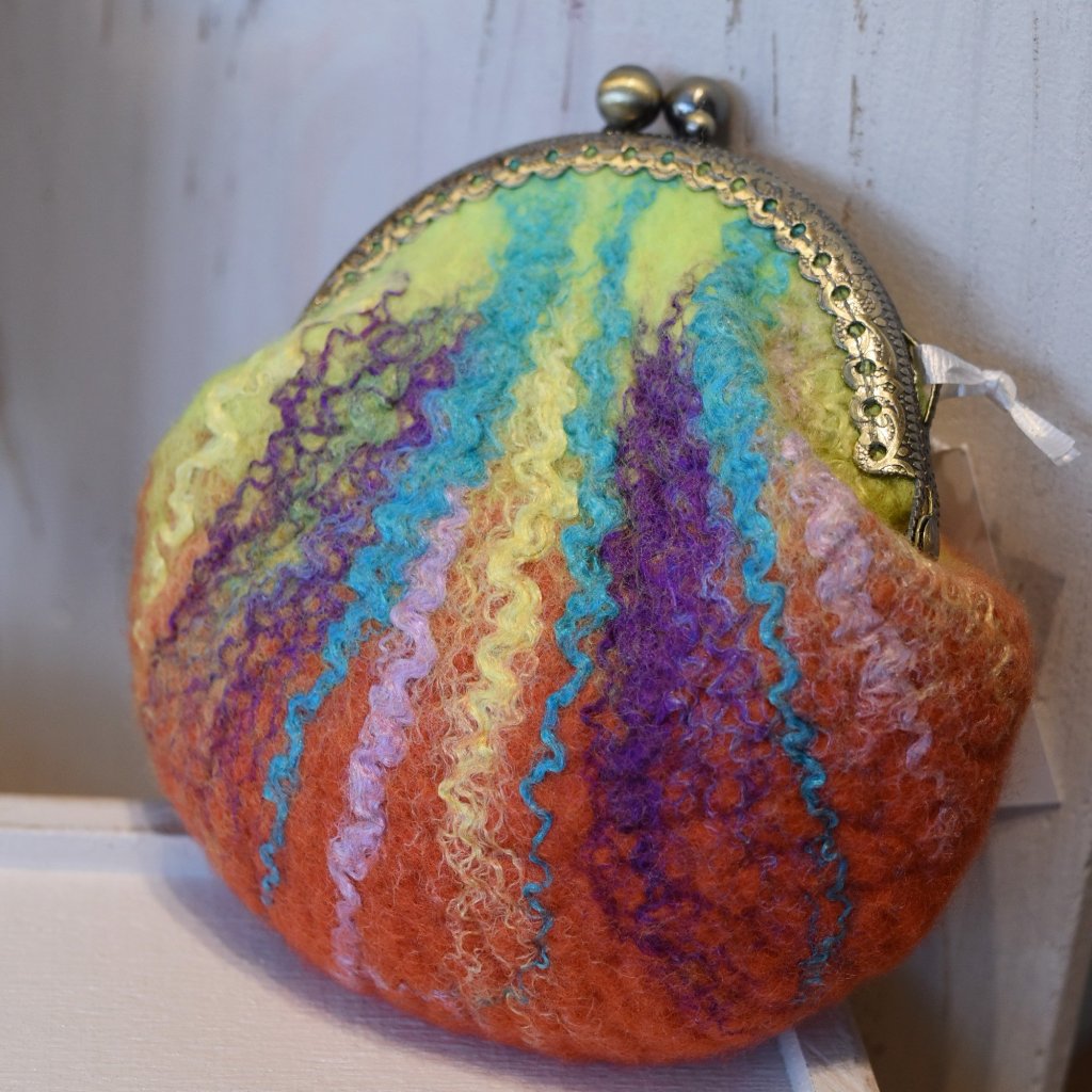 Wool Felted Kiss Lock Coin Purse Orange Green Multi 12310-Coin Purse-1-Sally Ridgway Designs in Felt &amp; Fibre