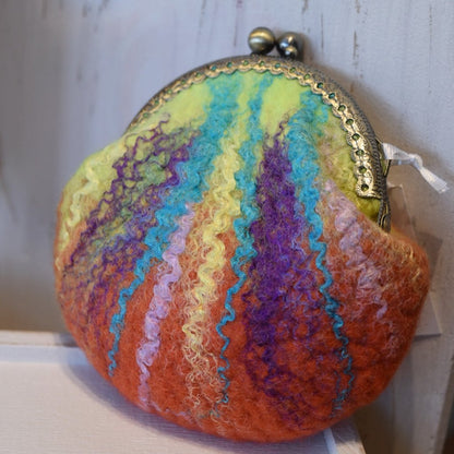 Wool Felted Kiss Lock Coin Purse Orange Green Multi 12310-Coin Purse-1-Sally Ridgway Designs in Felt &amp; Fibre