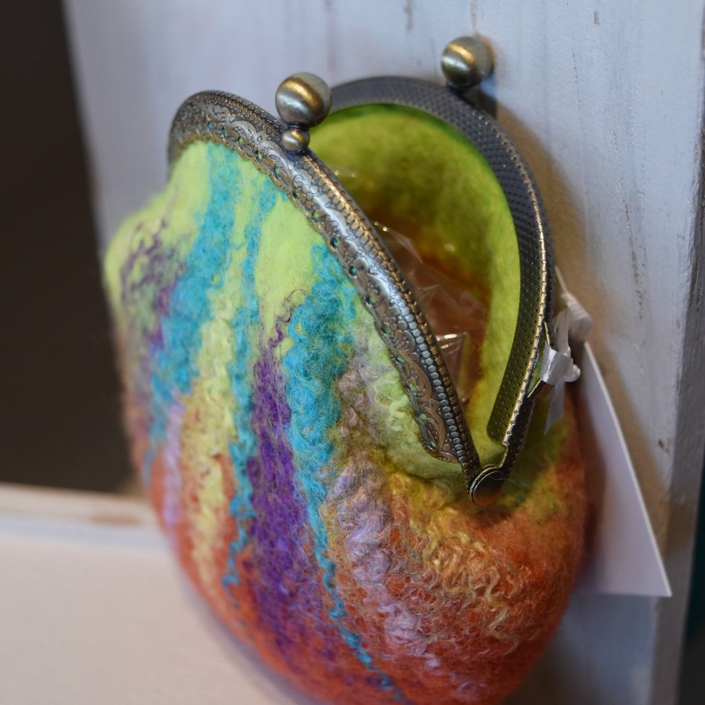 Wool Felted Kiss Lock Coin Purse Orange Green Multi 12310-Coin Purse-3-Sally Ridgway Designs in Felt &amp; Fibre
