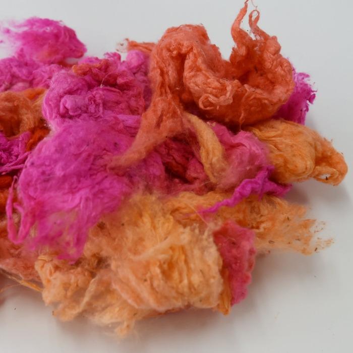 Silk Noil Hand Dyed, Recycled Silk Fibre for Spinning Felting Carding Pink Orange Mix 12385-Silk Noil-3-20 Grams-Sally Ridgway Designs in Felt &amp; Fibre