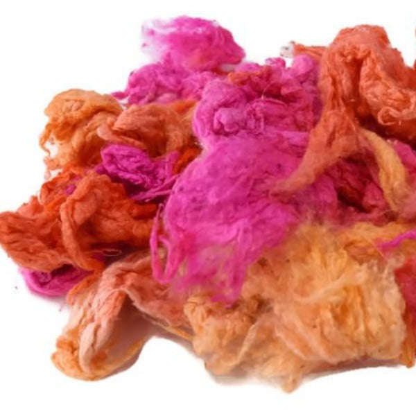 Silk Noil Hand Dyed, Recycled Silk Fibre for Spinning Felting Carding Pink Orange Mix 12385-Silk Noil-2-20 Grams-Sally Ridgway Designs in Felt &amp; Fibre