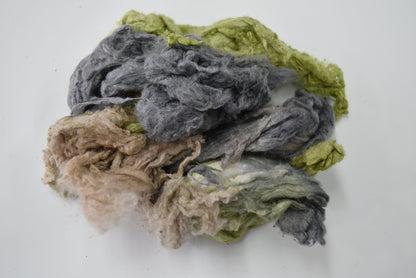 Silk Noil Hand Dyed, Recycled Silk Fibre for Spinning, Felting, Carding Grey Beige Green Mix 12387-Silk Noil-3-Sally Ridgway Designs in Felt &amp; Fibre