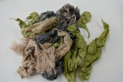 Silk Noil Hand Dyed, Recycled Silk Fibre for Spinning, Felting, Carding Grey Beige Green Mix 12387-Silk Noil-2-Sally Ridgway Designs in Felt &amp; Fibre