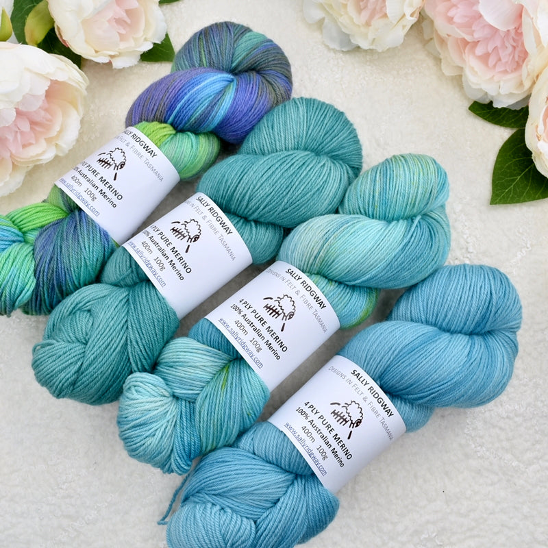4 Ply Pure Australian Merino Wool Yarn Hand Dyed Glacier| 4 Ply Pure Merino Yarn | Sally Ridgway | Shop Wool, Felt and Fibre Online
