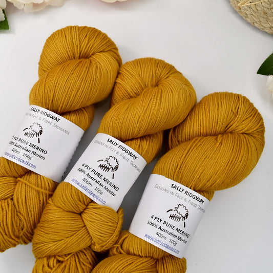 4 Ply Pure Australian Merino Wool Yarn Hand Dyed Honey Gold| 4 Ply Pure Merino Yarn | Sally Ridgway | Shop Wool, Felt and Fibre Online