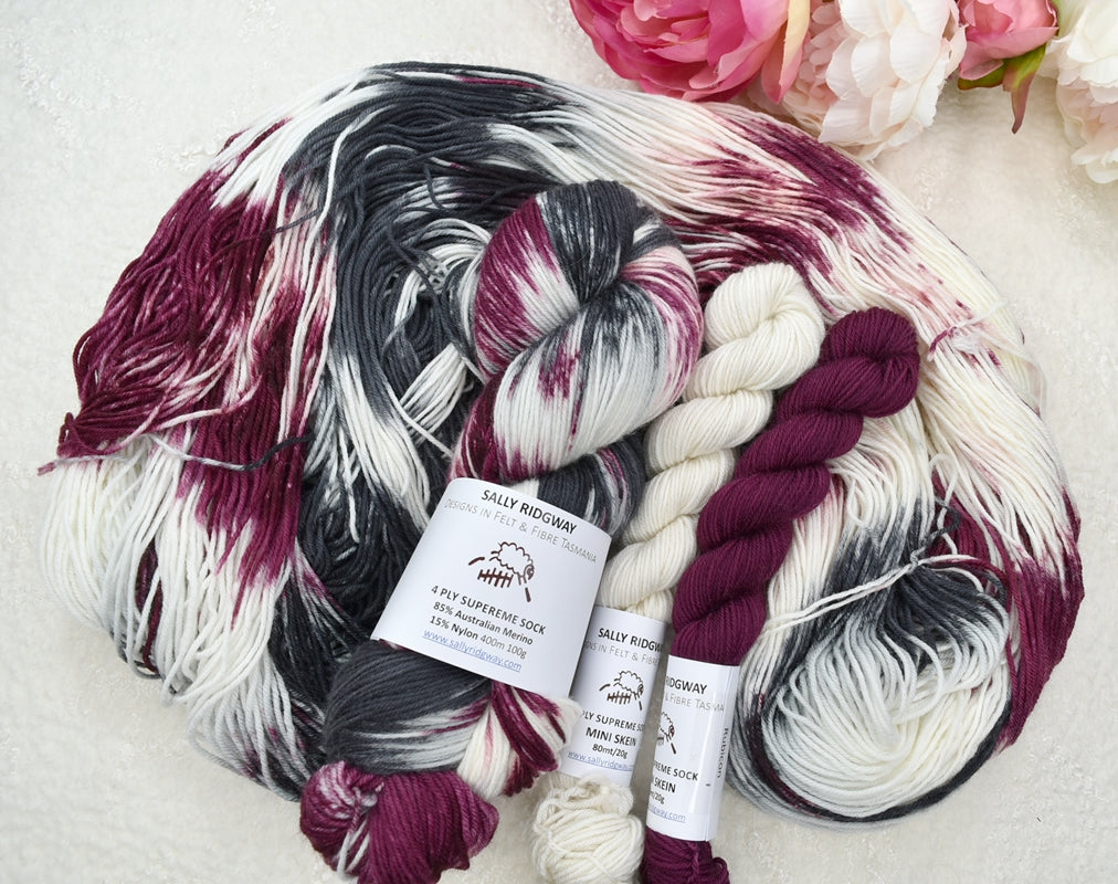 4 ply Supreme Sock Yarn hand dyed Black Rose| Sock Yarn | Sally Ridgway | Shop Wool, Felt and Fibre Online