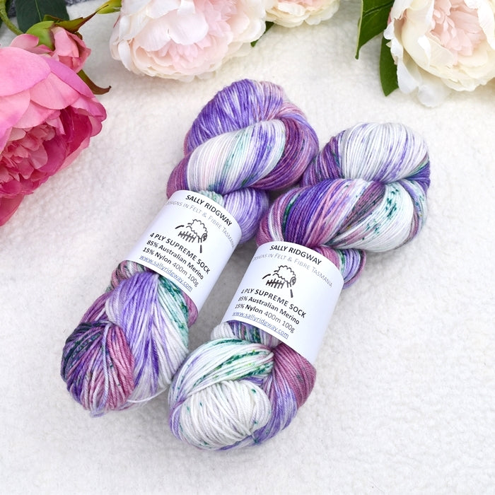 4 ply Supreme Sock Yarn Hand Dyed Iris Bloom| Sock Yarn | Sally Ridgway | Shop Wool, Felt and Fibre Online