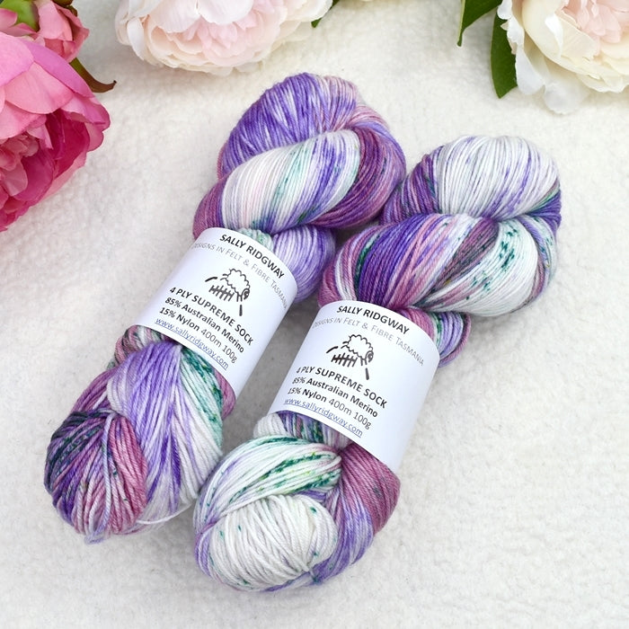 4 ply Supreme Sock Yarn Hand Dyed Iris Bloom| Sock Yarn | Sally Ridgway | Shop Wool, Felt and Fibre Online