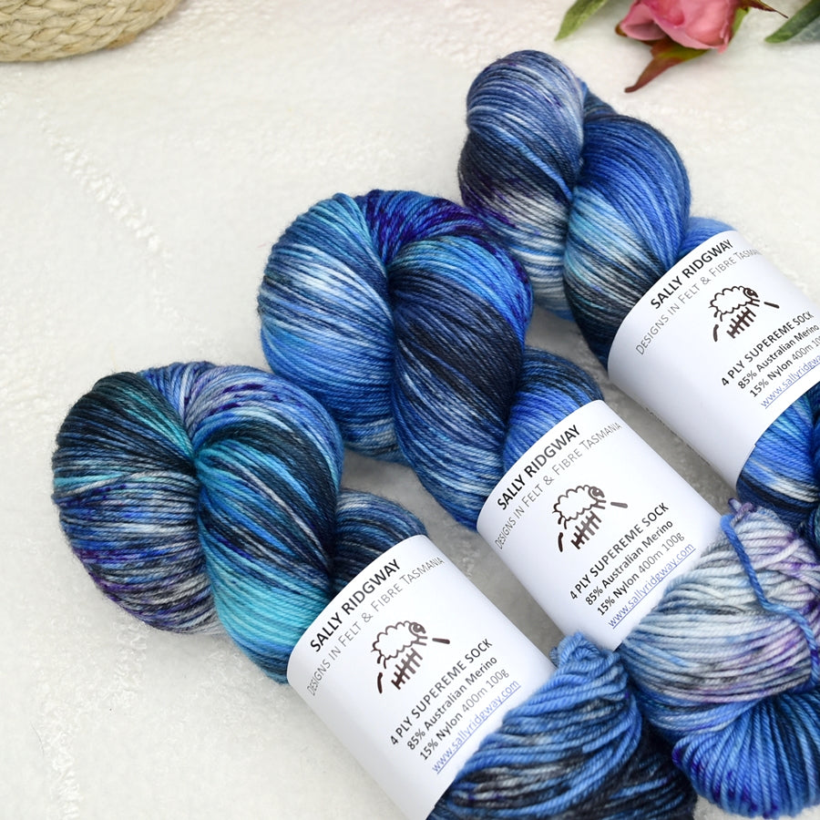 4 ply Supreme Sock Yarn Hand Dyed Midnight Blues| Sock Yarn | Sally Ridgway | Shop Wool, Felt and Fibre Online