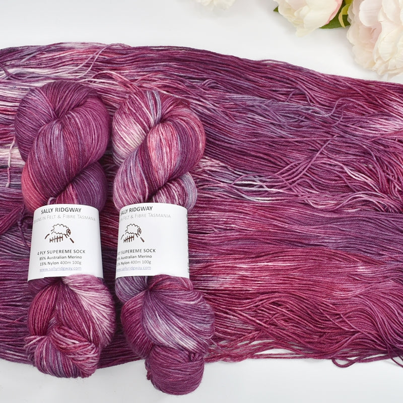 4 ply Supreme Sock Yarn Hand Dyed Raspberry Crush| Sock Yarn | Sally Ridgway | Shop Wool, Felt and Fibre Online