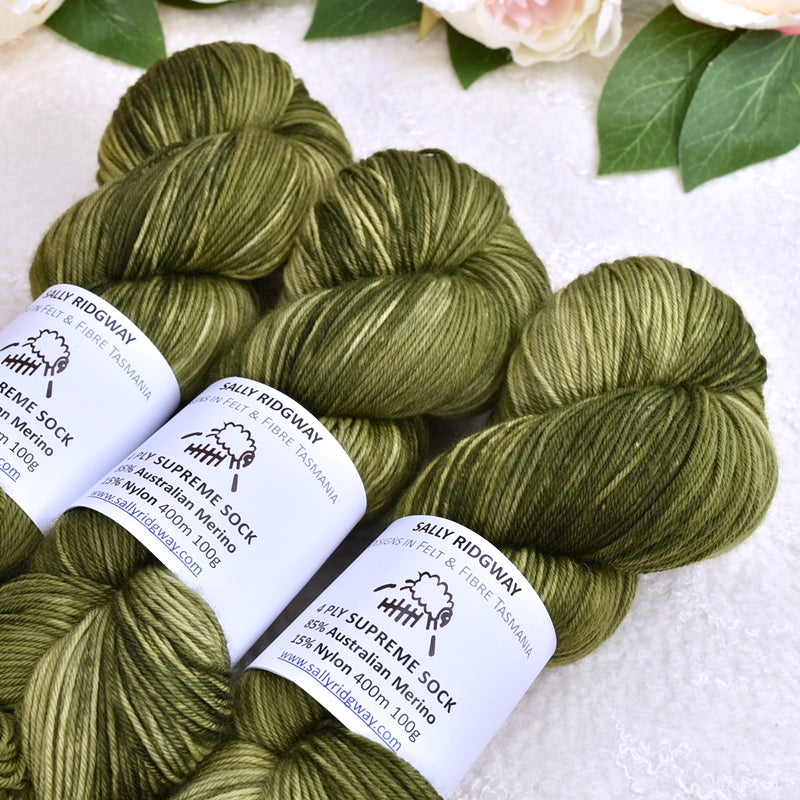 4 ply Supreme Sock Yarn Hand Dyed Spinach Leaves| Sock Yarn | Sally Ridgway | Shop Wool, Felt and Fibre Online